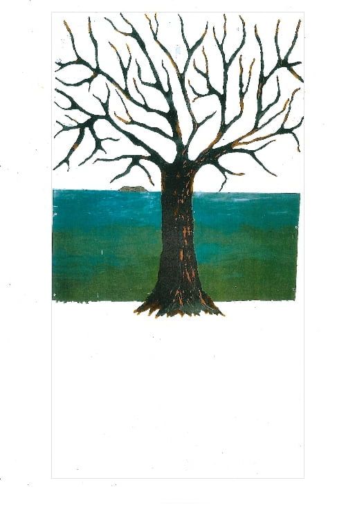 Gemalter Baum - Winterlandschaft mit Baum, mit grünlichem Fluss im Hintergrund und klarem Himmel.