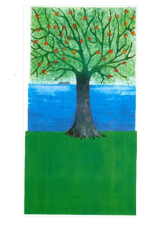 Gemalter Baum - Ein kräftiger sommerlicher Apfelbaum mit saftigen roten Äpfeln und hellblauen Himmel