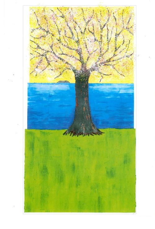 Gemalter Baum - Es ist Frühling. Der Fluss hat sich zu einem türkisblauen Wasser entwickelt. Der Himmel ist gelblich verfärbt, durch die Saharaluftströmung.